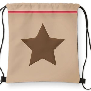 May include: A beige drawstring bag with a brown star in the center. The bag has a red stripe across the top.
