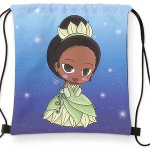 May include: A blue and purple drawstring bag with a cartoon image of a princess wearing a green dress and a crown. The princess has dark skin and brown hair. The background is a starry night sky.