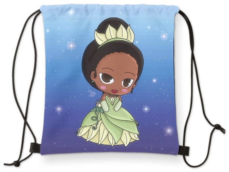 May include: A blue and purple drawstring bag with a cartoon image of a princess wearing a green dress and a crown. The princess has dark skin and brown hair. The background is a starry night sky.