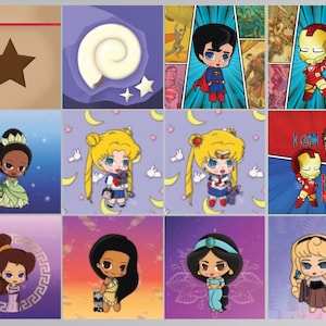 May include: A collage of 12 colorful squares featuring cartoon characters from popular movies and TV shows. Each square has a different character, including Tiana, Ariel, Pocahontas, Jasmine, Aurora, Sailor Moon, Superman, Iron Man, and more.