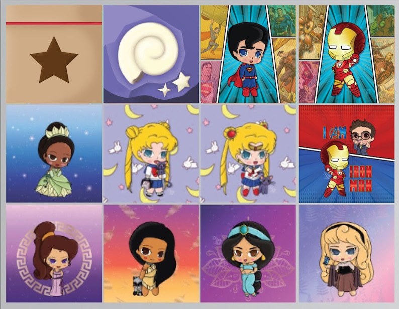 May include: A collage of 12 colorful squares featuring cartoon characters from popular movies and TV shows. Each square has a different character, including Tiana, Ariel, Pocahontas, Jasmine, Aurora, Sailor Moon, Superman, Iron Man, and more.