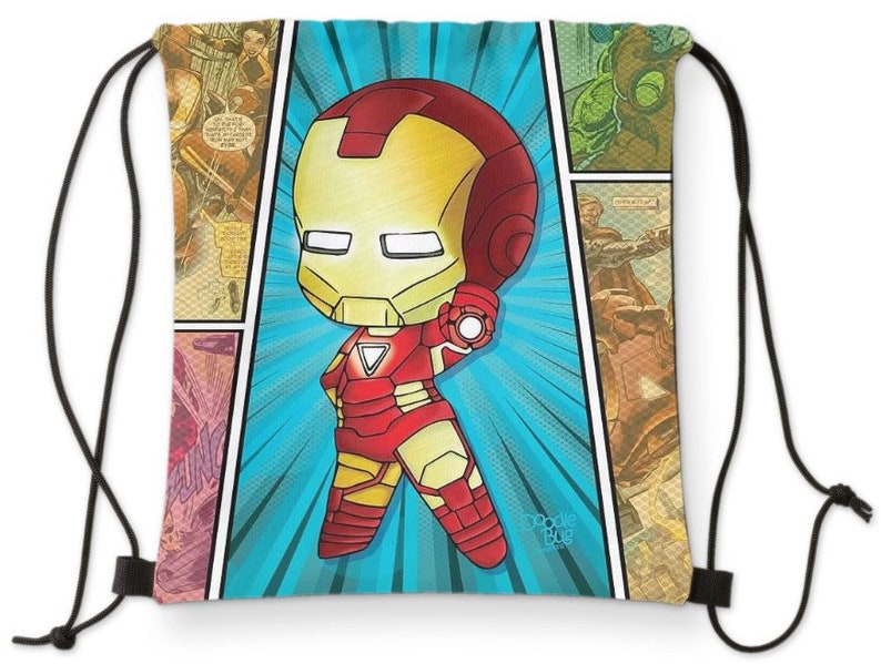 May include: A red and yellow drawstring bag with a cartoon image of Iron Man in a comic book style. The bag has black drawstrings and a blue background.