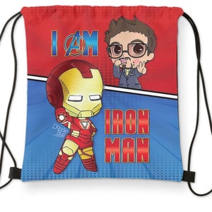 May include: Red and blue drawstring bag with a cartoon image of Iron Man and Tony Stark. The bag has the text "I AM" and the Avengers logo on the red side and "IRON MAN" on the blue side.