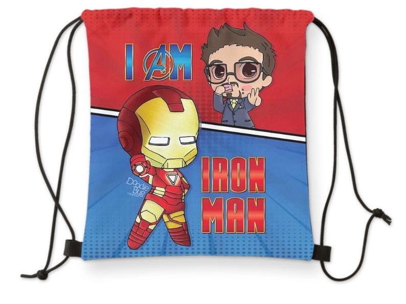 May include: Red and blue drawstring bag with a cartoon image of Iron Man and Tony Stark. The bag has the text "I AM" and the Avengers logo on the red side and "IRON MAN" on the blue side.