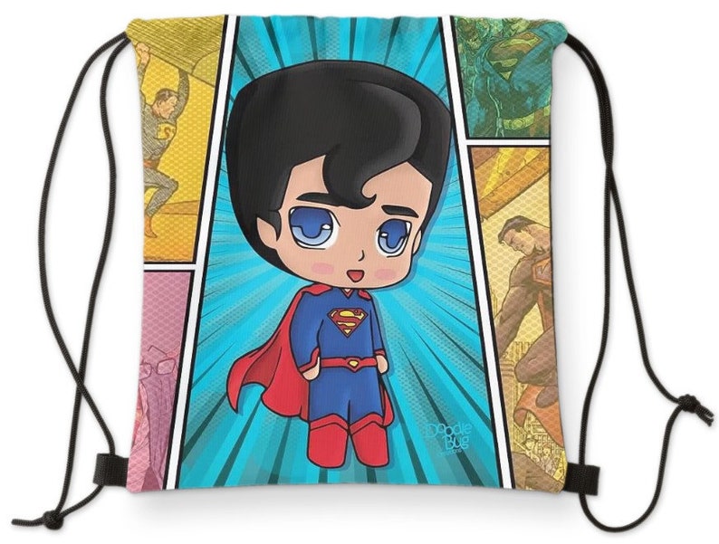 May include: A blue drawstring bag with a comic book design featuring a cartoon Superman. The bag has a red cape and yellow S symbol. The text "Doodle Bug" is in the bottom right corner.