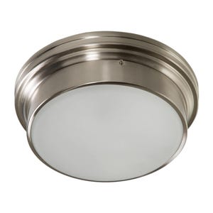 May include: A round, flush-mount ceiling light fixture with a brushed nickel finish. The fixture has a frosted glass diffuser and a decorative, stepped edge. The light is designed for indoor use and provides ambient lighting.