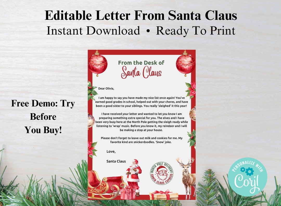 Editable Letter From Santa, Personalized Santa Letter, Printable Letter ...