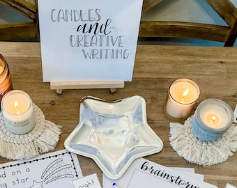 Candles and Creative Writing hand lettered sign