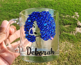 Bling Mug, Clear Glass Mug, Birthday Gift for Her, Custom Mug ,Afro Woman Bling Mug