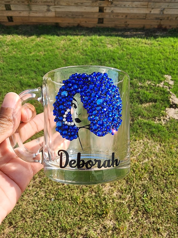Bling Mug, Clear Glass Mug, Birthday Gift for Her, Custom Mug ,Afro Woman Bling Mug