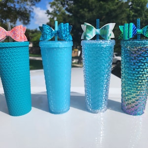 Diamond Studded Tumbler for Spring and Summer Includes Straw and Bow Topper 26oz plastic reusable tumbler