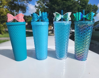 Diamond Studded Tumbler for Spring and Summer Includes Straw and Bow Topper 26oz plastic reusable tumbler