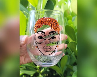 Copa de vino con diamantes de imitación para mujer afro: regalo de cumpleaños personalizado