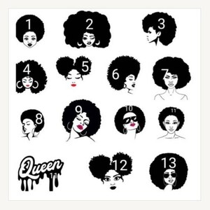 May include: A set of 13 black and white illustrations of women with afro hairstyles. Each illustration is numbered 1 through 13. The illustrations are on a white background.
