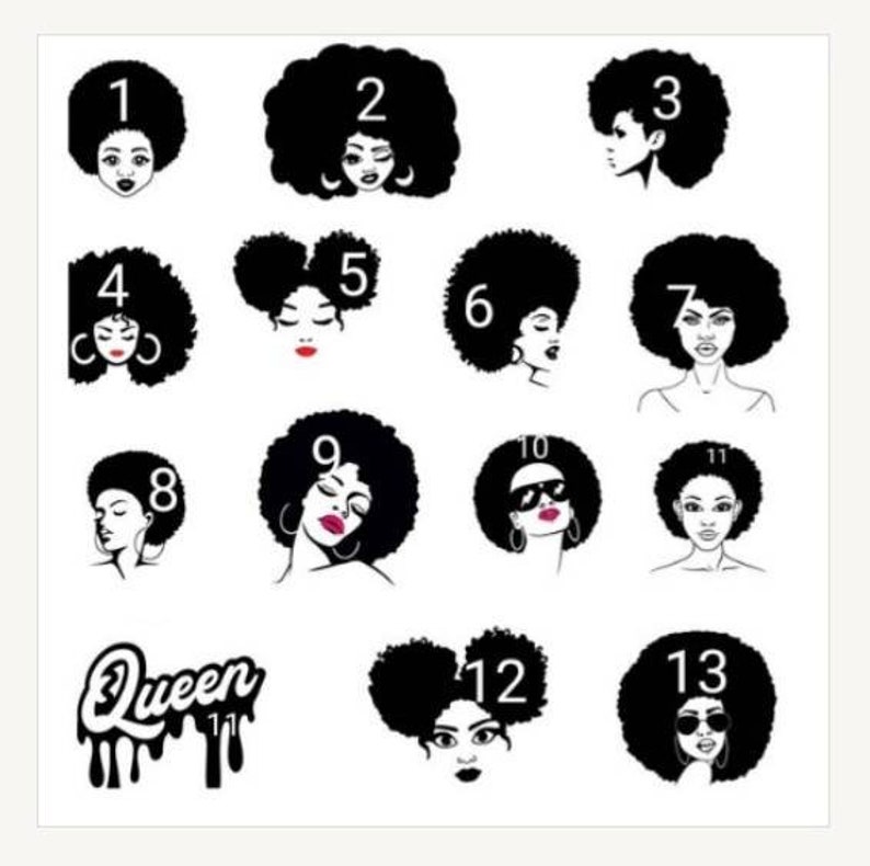 May include: A set of 13 black and white illustrations of women with afro hairstyles. Each illustration is numbered 1 through 13. The illustrations are on a white background.