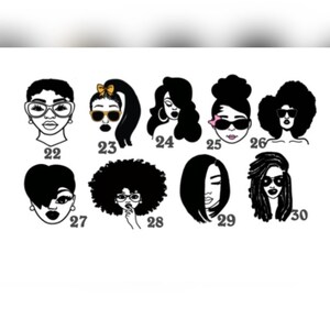 May include: A set of 10 black and white illustrations of women with different hairstyles and accessories. The illustrations are numbered 22 through 30.
