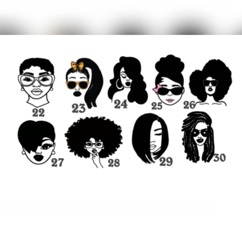 May include: A set of 10 black and white illustrations of women with different hairstyles and accessories. The illustrations are numbered 22 through 30.