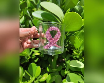 Regalo para la concientización sobre el cáncer de mama, taza transparente brillante
