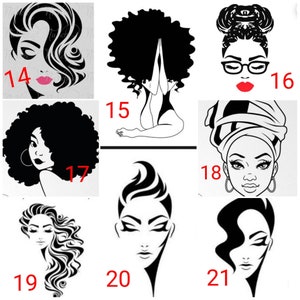 May include: A set of nine black and white digital illustrations of women with different hairstyles. The illustrations are numbered 14 through 21.