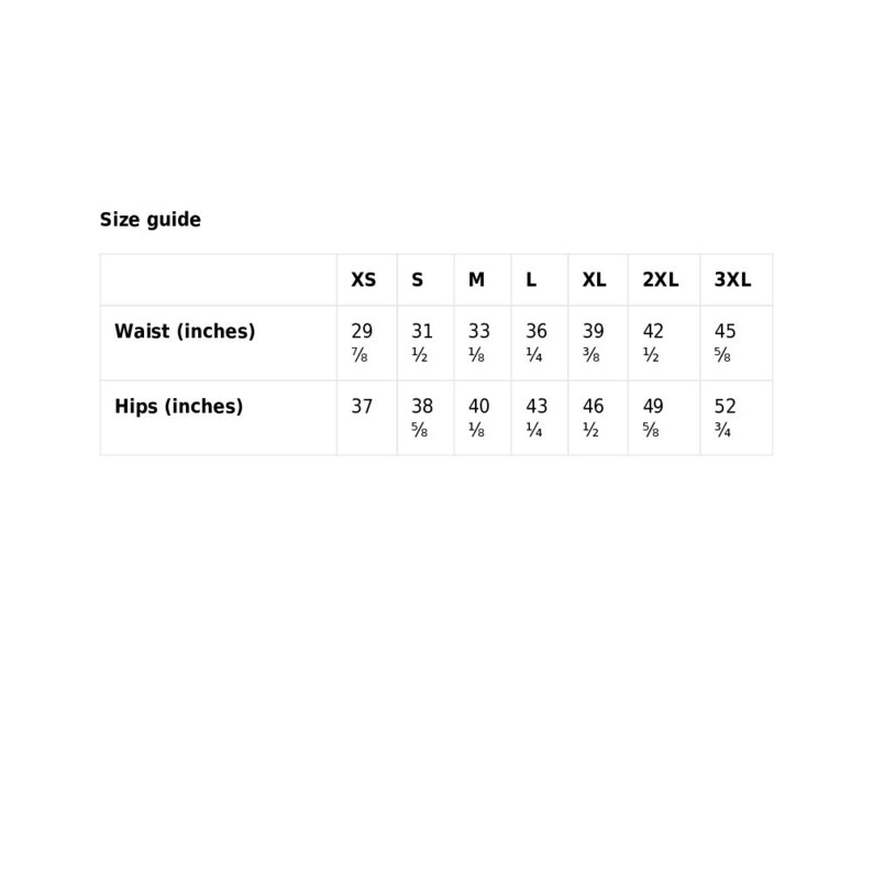 以下が含まれることがあります： インチで測定された衣服のサイズガイドチャート。チャートは、対応するウエストとヒップの測定値で、XSから3XLのサイズを示しています。