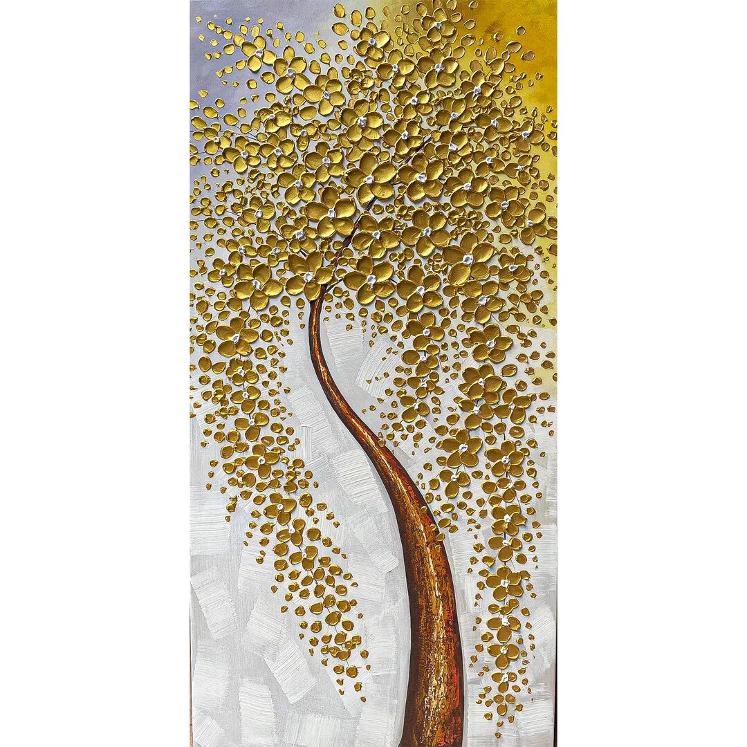 Gold Tree Botanical 3D Floral Oil Painting Long Skinny Wall Art Vertical High Quality Modern Art