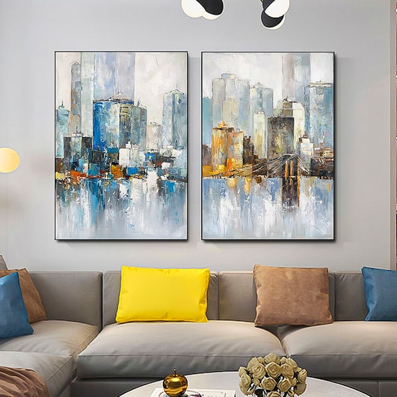 2 Piece Wall Art Gallery Wall Set City Oil Painting Large City Painting on Canvas  Set of 2 Vertical 