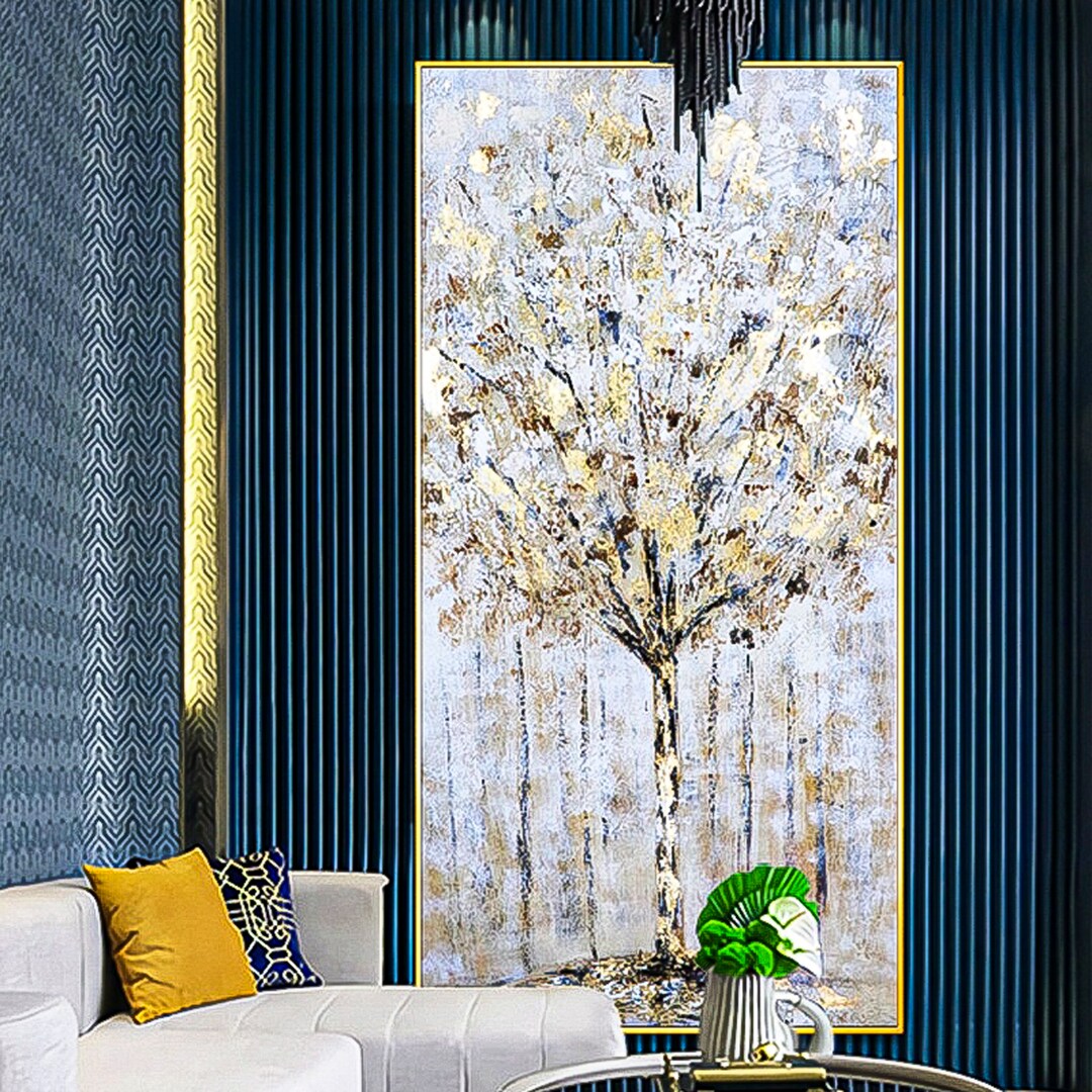 Gold Tree Botanical Floral Oil Painting Long Skinny Wall Art Vertical High Quality Modern Art