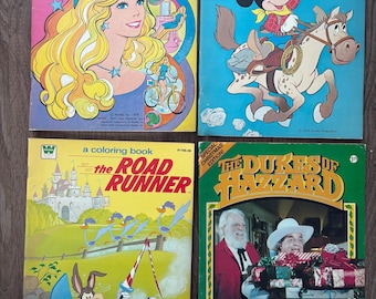 Vintage 1980s Coloring Books - Barbie, Road Runner, Mickey Mouse & The Dukes of Hazard. Brand New - Free Ship