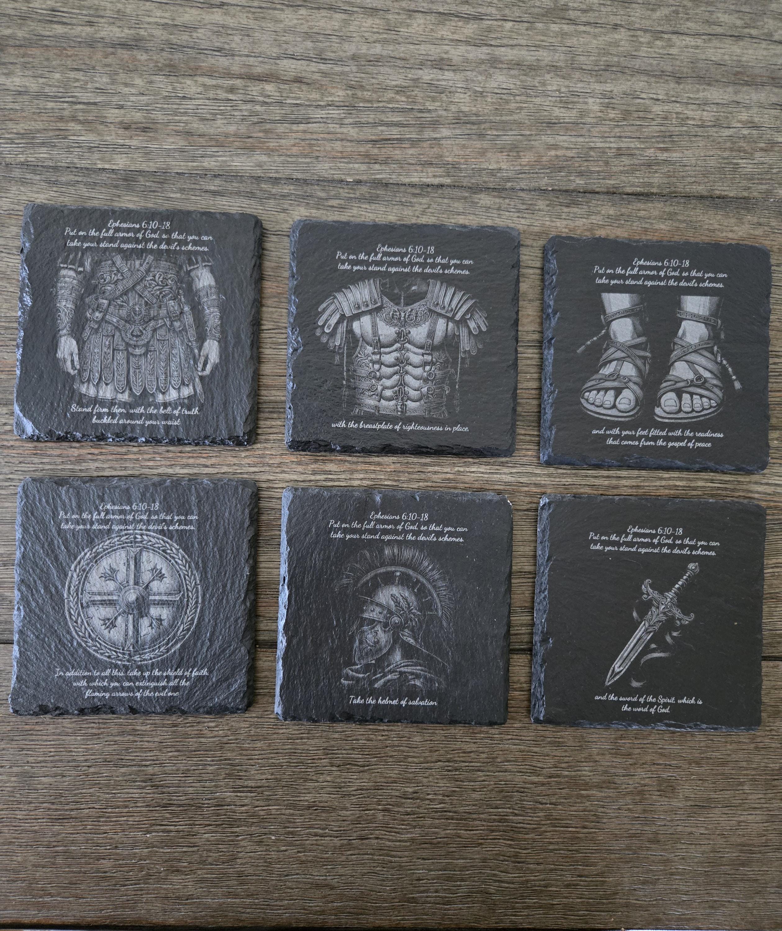 Laser Engraved Slate Coasters, Ephesians 6 Coasters, Armor of God Coasters, Set of 6 Coasters