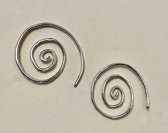 Silver Spiral boho earrings, hippy style, minimalist earrings, unique quirky gift, sterling silver wire, hoop earrings, summer gift