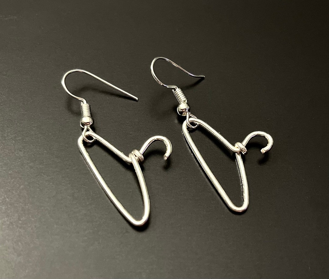 Wire Coat Hanger Earrings, Silver Plated Jewellery, Funny Gift