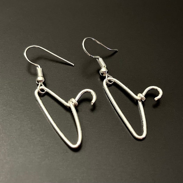 Wire coat hanger earrings, silver plated jewellery, funny gift Christmas, simple wire design, clothes hanger, fashion lover, unique earring