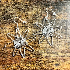 Silver sunshine boho Earrings, hippy jewellery, wire jewellery, gift for her, minimalist Christmas jewellery, happy, happy, summer, sun