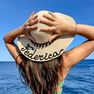 Cappello di paglia personalizzato da donna con nome  - Addio al nubilato - Team Bride - EVJF - Cappello da spiaggia estivo - straw hat