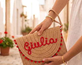 Personalized Name Bag - Straw-Effect Clutch with Shoulder Strap - Hen Party Gift Idea - EVJF