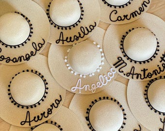 Custom Straw Hat with Name, Personalized Bachelorette Party Hat, Team Bride Beach Hat, Bridal Shower Gift, Summer Wedding Favors