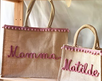 Personalized jute bag with name and pompom. Gift idea for mother and daughter.