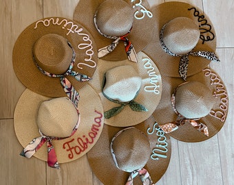 Chapeaux de paille personnalisés avec nom et écharpe - Hen Party - Summer Beach
