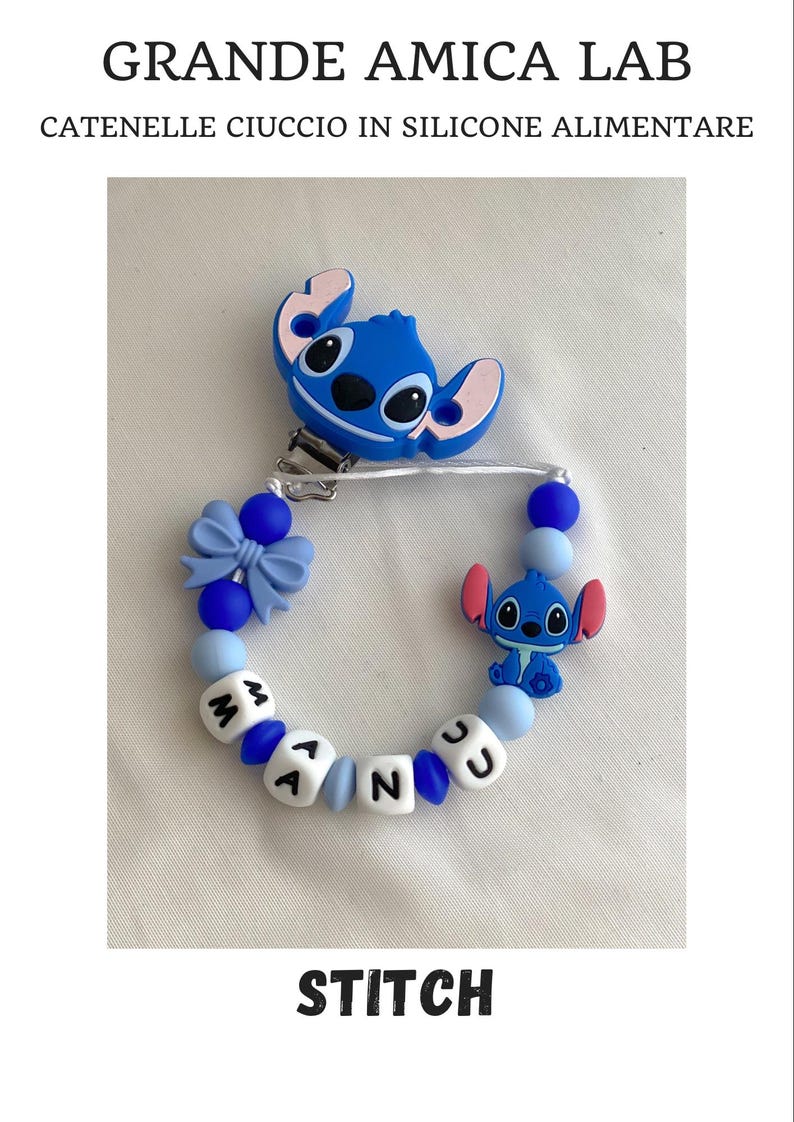Catenella portaciuccio in silicone alimentare colorata, accessorio sicuro per neonato a tema disney stitch