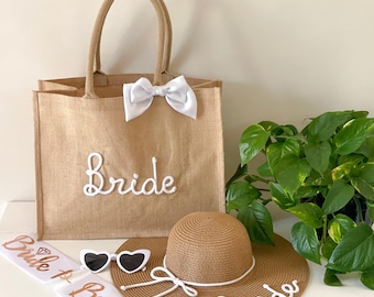 Personalized Team Bride Set with Straw Hat and Beach Bag with Name