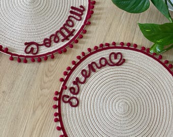 Personalized placemats with names and pompom trim | American breakfast placemats | Custom placemats | Christmas gift idea