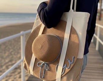 Personalized Beach Set: Tote Bag and Straw Hat with Name