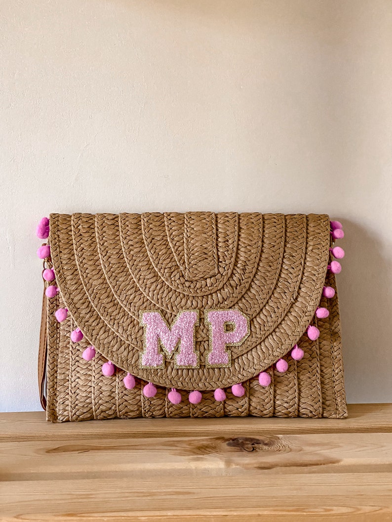 Personalized Clutch Bag with initials Gift idea Custom Straw Bag Personalized Hen Party Summer Bag image 3