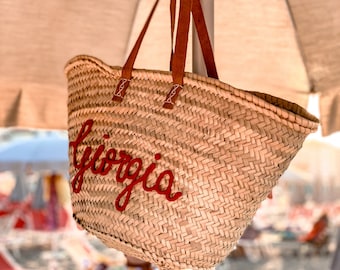 Personalized straw bag - Sicilian Coffa - Wicker and leather - Hen party - Personalized gift idea - Storage basket