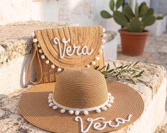 Personalized Hat and Bag Set with Name - Straw-Effect Summer Set - Hen Party Accessory Idea - EVJF