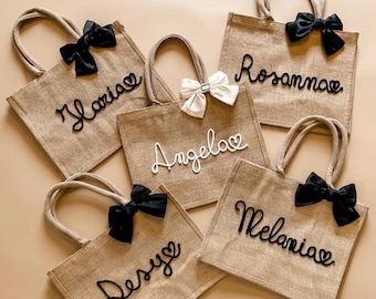 Team Bride: Borsa mare in Juta personalizzata con nome e fiocco