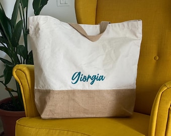 Personalized Maxi Bag with Name, Large Cotton Canvas Shopper, Beach Bag, Tote Bag for Weekends and Shopping, Personalized Gift for Women