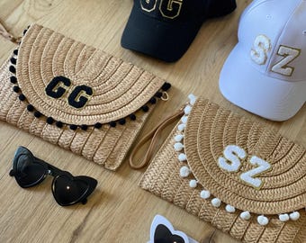 Custom Bachelorette Party Set • Personalized Straw Pouch and Initial Baseball Cap