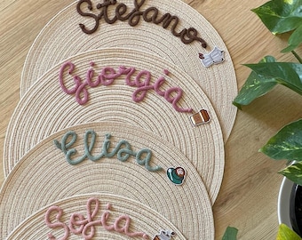 Personalized Round Placemats with Name, Custom Table Decor for Baptism or Wedding, Handmade Housewarming Gift, Cotton Rope Place Setting