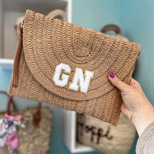 Personalized Clutch Bag with initials Gift idea Custom Straw Bag Personalized Hen Party Summer Bag image 1